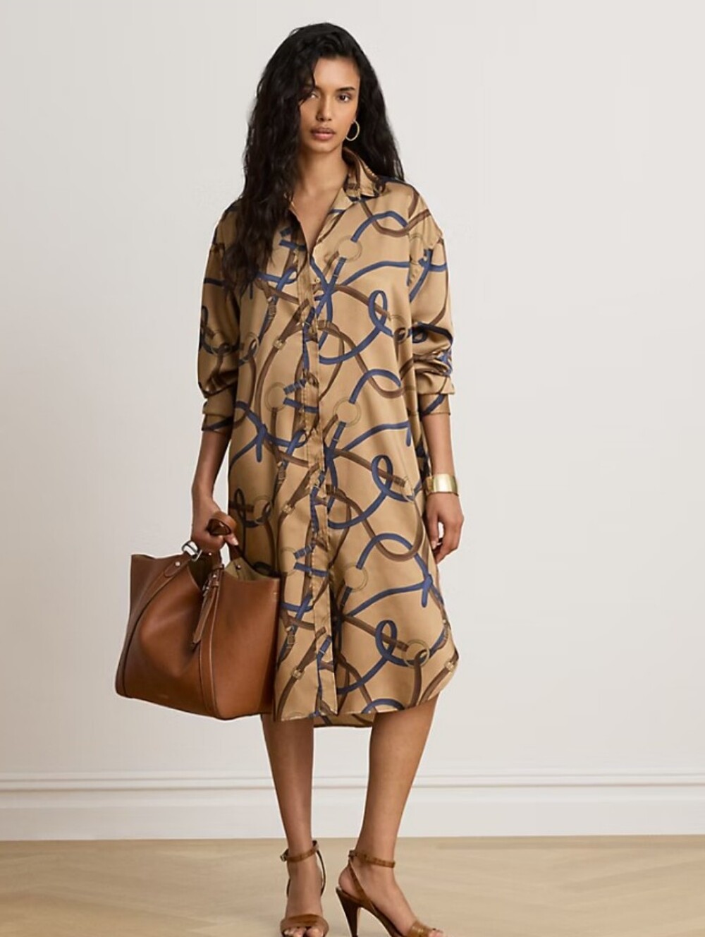 Ralph Lauren Tan Chain-Print Shirt Dress